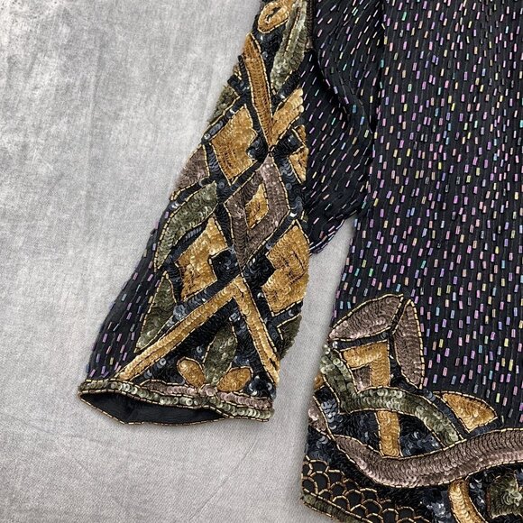 Unbranded Blouse Women Medium Black Gold Multi All Bead Floral Diamond Silk VTG - Picture 4 of 12